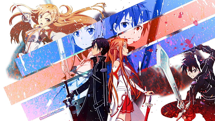 anime affisch illustration, Sword Art Online, Kirigaya Kazuto, Yuuki Asuna, anime, anime flickor, anime pojkar, HD tapet
