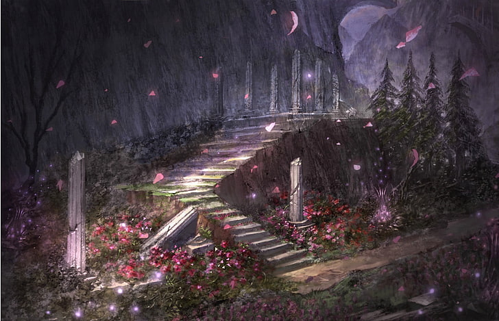grey concrete stairs surrounded by pink flowers wallpaper, fantasy art, stairs, HD wallpaper