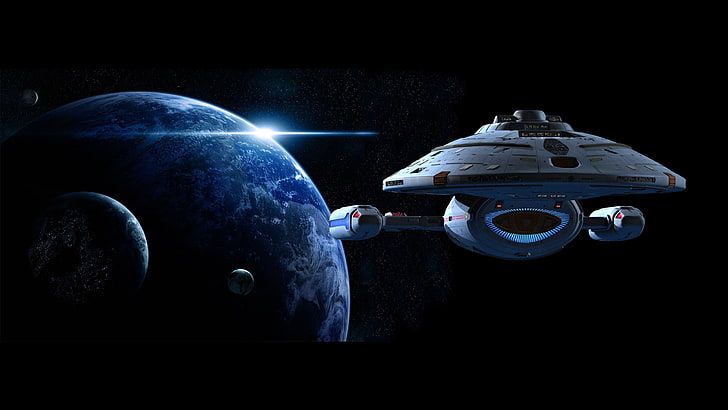 white and brown spaceship, Star Trek, space, planet, Star Trek Voyager, USS Voyager, HD wallpaper
