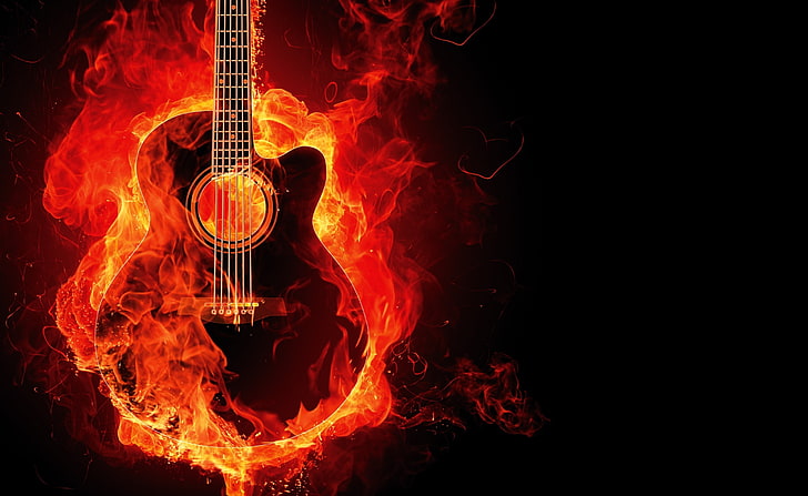 Gitarr, svart akustisk gitarr i eldtapet, element, eld, gitarr, HD tapet