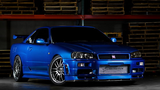 синий купе, Nissan Skyline, гтп, R34, синий, вид спереди, HD обои HD wallpaper