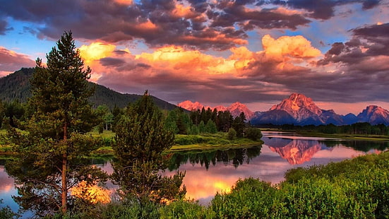 reflexión, naturaleza, cielo, desierto, monte paisaje, lago, Wyoming, montaña, parque nacional, parque nacional grand teton, puesta de sol, tarde, nube, atmósfera, banco, Fondo de pantalla HD HD wallpaper