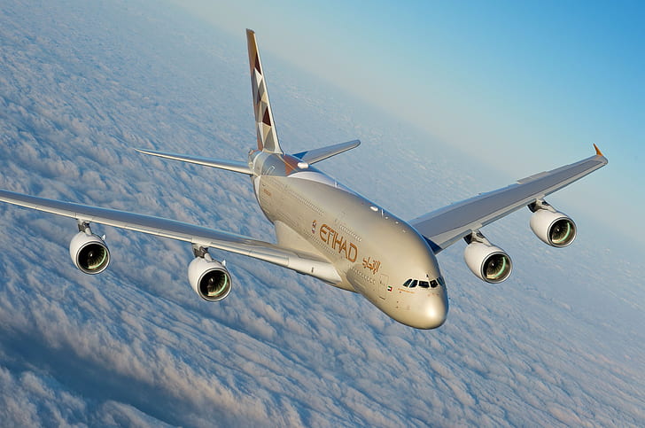 Облака, A380, Airbus, Etihad Airways, Airbus A380, Пассажирский самолет, Airbus A380-800, HD обои