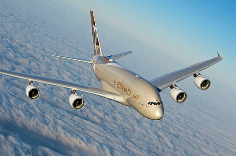 الغيوم ، A380 ، إيرباص ، الاتحاد للطيران ، إيرباص A380 ، طائرة ركاب ، إيرباص A380-800، خلفية HD HD wallpaper