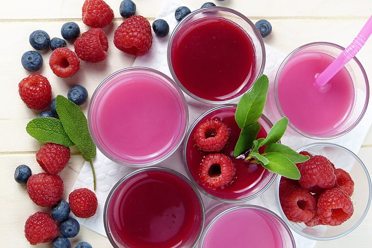 fruit, raspberries, food, berries, colorful, drinking glass, leaves, HD wallpaper
