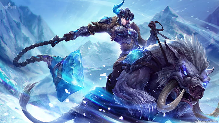 crystal, girl, snow, mountains, weapons, monster, art, horn, League of Legends, Sejuani, Michal Ivan, HD wallpaper