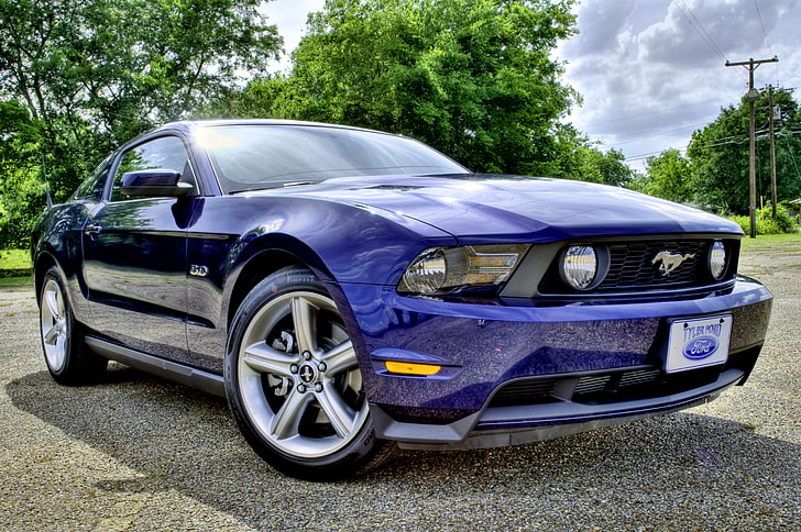 blue Ford Mustang coupe, ford mustang, car, hdr, HD wallpaper