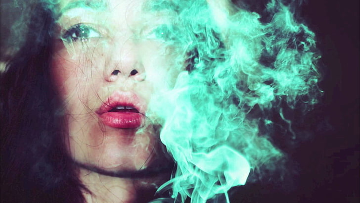 wanita, wajah, asap, asap biru, asap berwarna, mulut terbuka, memalingkan muka, Kaukasia, mata cokelat, berambut cokelat, Wallpaper HD