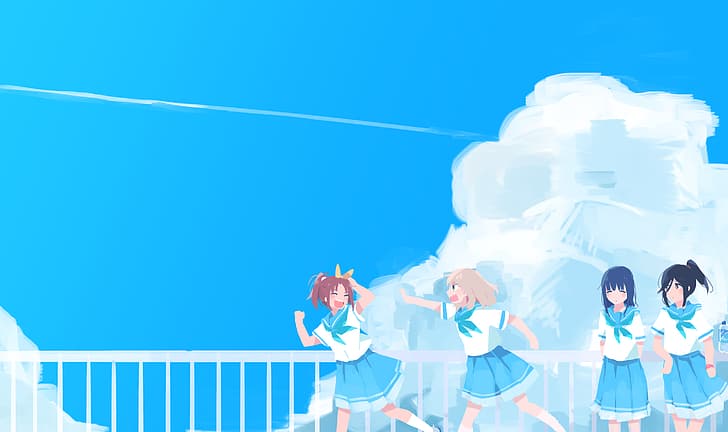 anime girls, blue skirt, clear sky, HD wallpaper