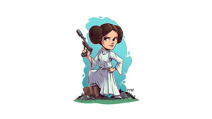 simple background, white background, Princess Leia, blaster, Star Wars, artwork, HD wallpaper