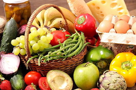 Speisen, Stillleben, Apfel, Banane, Käse, Gurke, Ei, Obst, Trauben, Pfeffer, Erdbeere, Tomate, Gemüse, HD-Hintergrundbild HD wallpaper