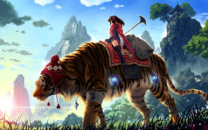 tygrys, anime dziewczyny, sztuka fantasy, anime, stworzenie, Tapety HD