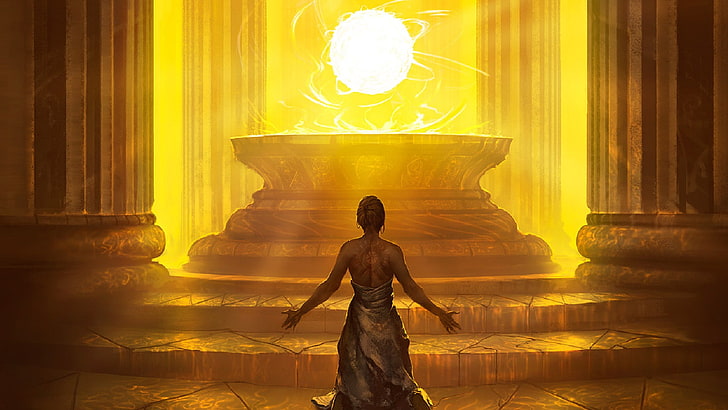 mujer pintura, pilar, amarillo, nacido de los dioses, magia: la reunión, Fondo de pantalla HD