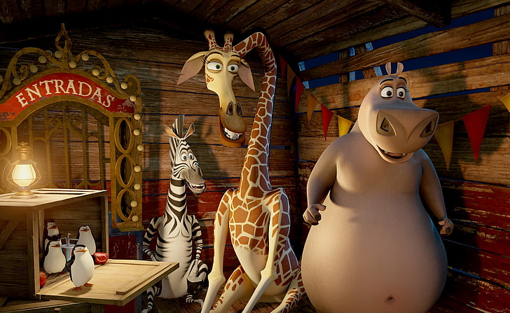 Madagaskar 3 Circus Train, zrzut ekranu z filmu Madagaskar, Kreskówki, Madagaskar, Pociąg, Pingwiny, Cyrk, Marty, Melman, Tapety HD