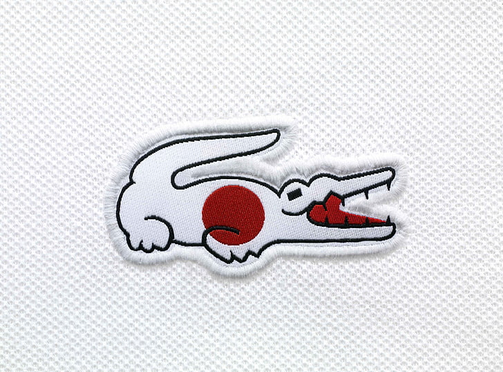 white and red crocodile clothes patch, Japan, crocodile, flag, Lacoste, HD wallpaper