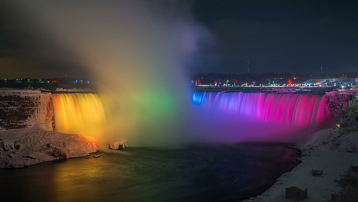 wieczór, kolorowe, kolory, nocne oświetlenie, nocne, oświetlenie, park stanowy Niagara Falls, ciemność, krajobraz, woda, rzeka, niebo, pokaz światła, oświetlenie, wodospad Niagara, światło, noc, wodospad, Tapety HD