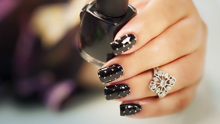 hands-nails-finger-manicure-black-dots-ring, HD wallpaper