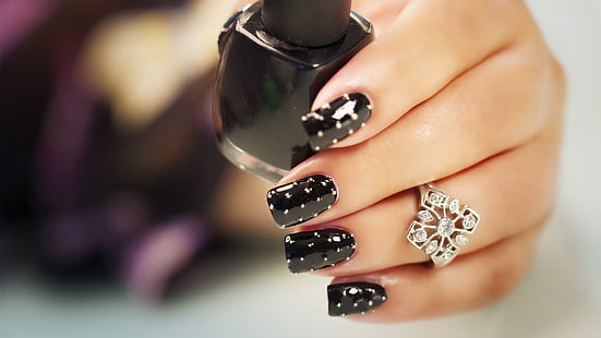 hands-nails-finger-manicure-black-dots-ring, HD wallpaper HD wallpaper