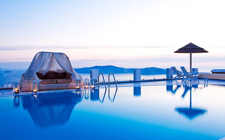 infinity pool, kolam renang, Yunani, air, malam, bukit, pemandangan, kursi geladak, refleksi, Wallpaper HD
