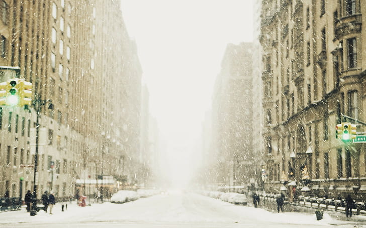 зима, снег, город, улица, светофор, мегаполис, HD обои