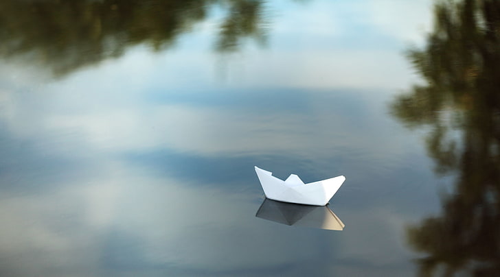 white paper boat, water, nature, lake, reflection, river, background, Wallpaper, mood, boat, the ship, widescreen, full screen, HD wallpapers, paper ship, HD wallpaper