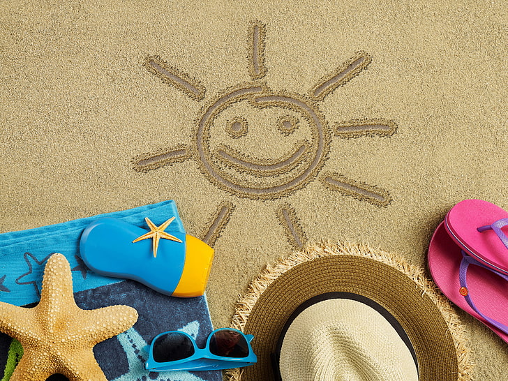 пляж, лето, отдых, шляпа, очки, отпуск, солнце, песок, сланцы, морские звезды, аксессуары, HD обои