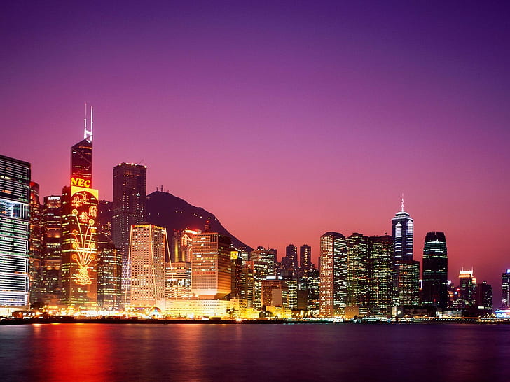 Landschaft, Stadt, Lichter der Stadt, Nacht, lila Himmel, Hong Kong, Stadtbild, Wolkenkratzer, HD-Hintergrundbild