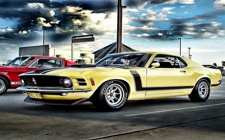 yellow coupe illustration, Ford Mustang, car, boss 302, muscle cars, drawing, red cars, yellow cars, clouds, vehicle, HD wallpaper