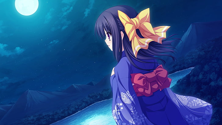 black haired female anime character illustration, mikagami mamizu, lunaris filia, minase yukari, girl, kimono, moon, night, HD wallpaper