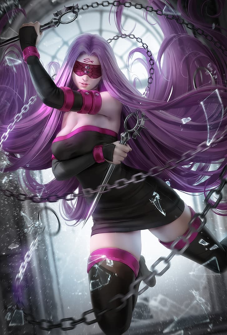Rider (Fate/Stay Night), Fate Series, anime, anime girls, purple hair, long hair, tattoo, covered eyes, parted lips, arm warmers, weapon, chains, dress, bare shoulders, cleavage, thigh-highs, portrait display, vertical, broken glass, backlighting, artwork, drawing, digital art, fan art, Zarory, HD wallpaper