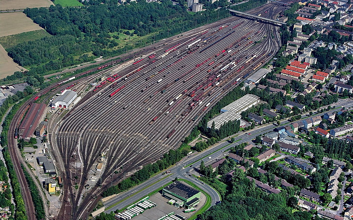 asphalt road, train, rail yard, city, aerial view, HD wallpaper