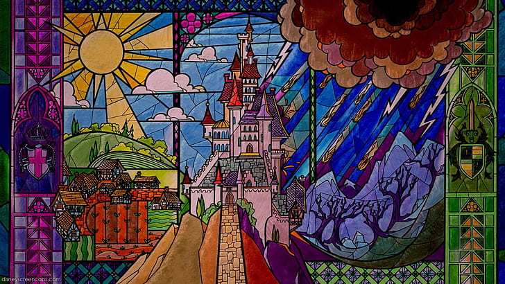 Castillo de las vidrieras de la bella y la bestia Disney HD, dibujos animados / cómic, the, and, beauty, castle, disney, glass, beast, stained, Fondo de pantalla HD