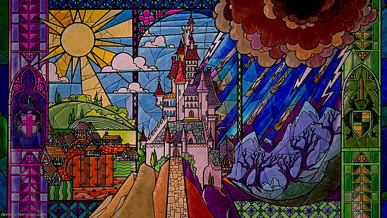 Beauty and the Beast Stained Glass Castle Disney HD, cartoon/comic, the, and, beauty, castle, disney, glass, beast, stained, HD wallpaper HD wallpaper