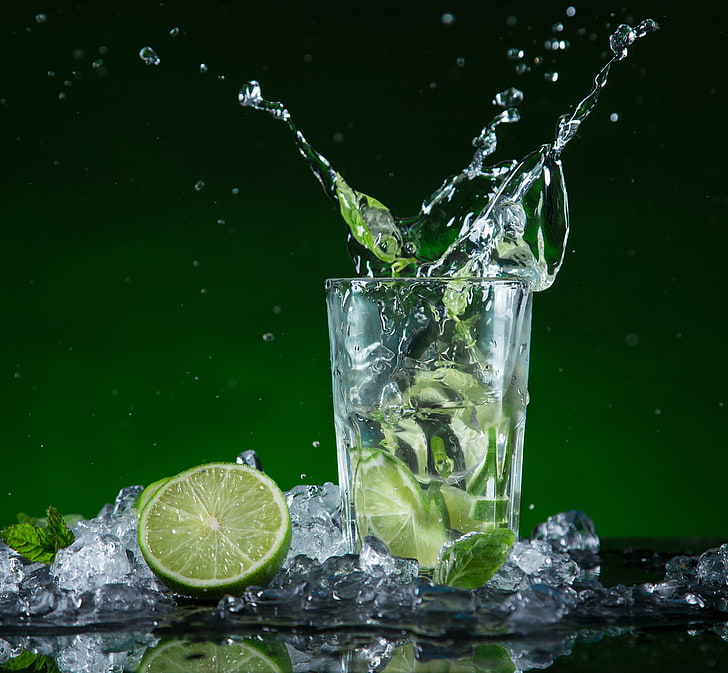 clear drinking glass, ice, drink, cocktail, lime, Mojito, mint, HD wallpaper