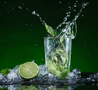 clear drinking glass, ice, drink, cocktail, lime, Mojito, mint, HD wallpaper HD wallpaper