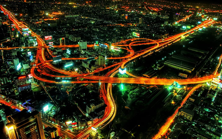 highway, cityscape, night, aerial view, interchange, HD wallpaper