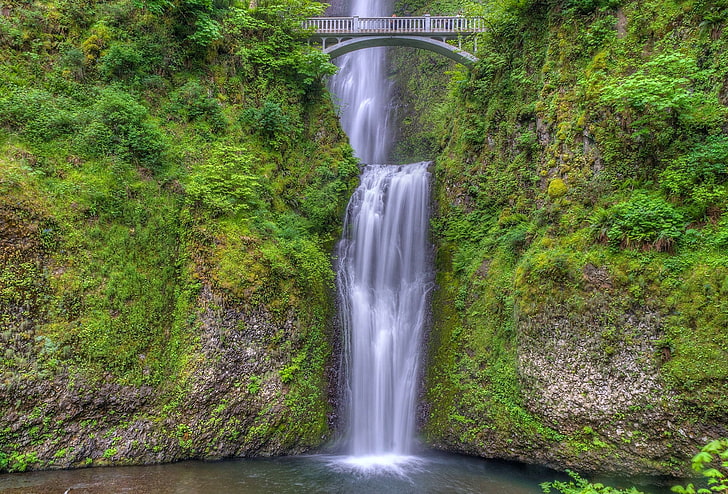 bridge, waterfall, Oregon, cascade, Columbia River Gorge, the Multnomah falls, Benson Bridge, Multnomah falls, bridge Benson, HD wallpaper