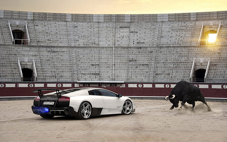 Lamborghini Murcielago SV Bull Arena Sunlight Flame Backfire HD, black and white lamborghini huracan, cars, sunlight, lamborghini, murcielago, flame, bull, sv, backfire, arena, HD wallpaper