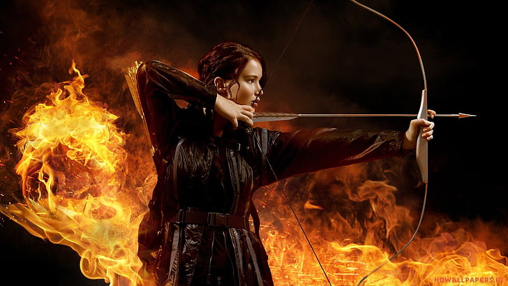 The Hunger Games, Arrow, Bow, Fire, Jennifer Lawrence, Katniss Everdeen, HD wallpaper