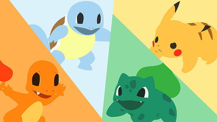 four Pokemon characters wallpaper, Pokémon, Bulbasaur (Pokémon), Charmander (Pokémon), Pikachu, Squirtle (Pokémon), Starter Pokemon, HD wallpaper
