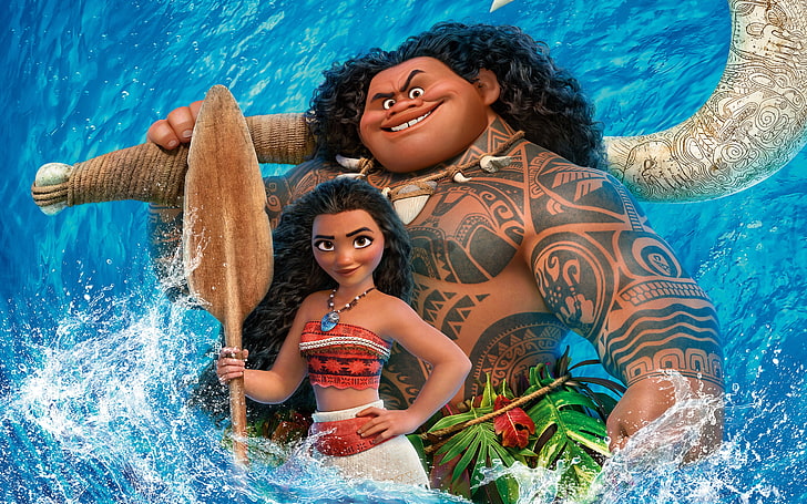 Disney Moana and Maui digital wallpaper, water, blue, cartoon, girl, poster, paddle, Walt Disney Pictures, Maui, aboriginal, Moana, HD wallpaper