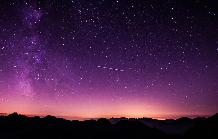 Starry sky, Night, Purple sky, Twilight, Mountains, HD, HD wallpaper
