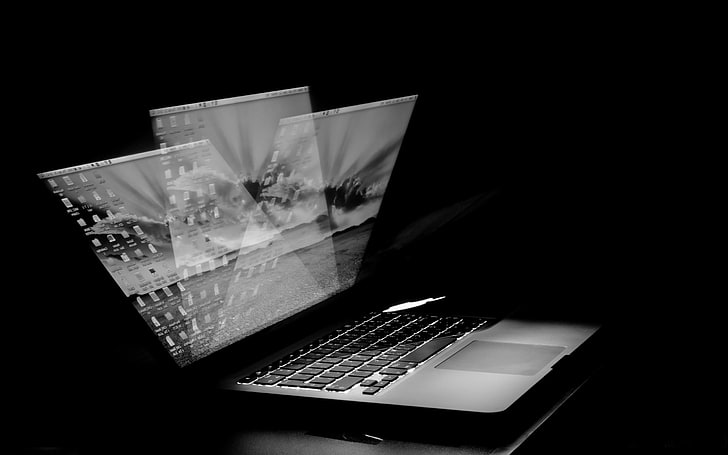 черно-серебристый ноутбук, macbook pro, черно-белое, бытовая техника, HD обои