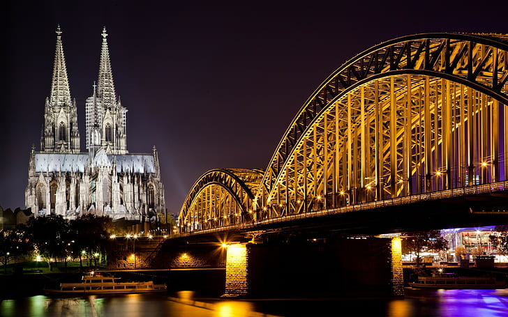 фотография, градски, светлини, улично осветление, мост, вода, река, църква, архитектура, Кьолн, Кьолнската катедрала, HD тапет