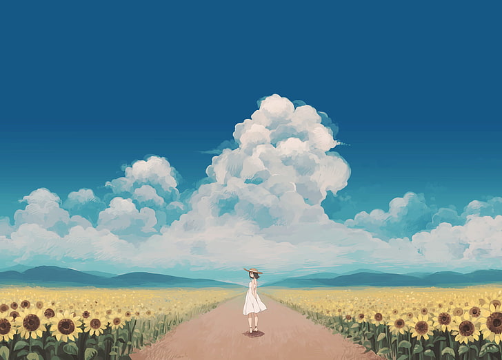 ayçiçeği, anime kız, elbise, gökyüzü, bulutlar, orijinal karakterler, anime, HD masaüstü duvar kağıdı