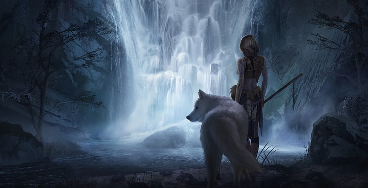 เสื้อครอปสีน้ำตาลและสีขาวของผู้หญิงพร้อมวอลเปเปอร์ชุดกระโปรงน้ำตกหมาป่าภาพวาด, วอลล์เปเปอร์ HD