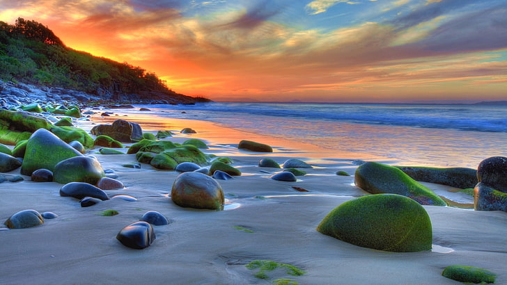 Sunset Ocean Sandy Beach Rocks Green Movi Water Nature 4k Wallpaper за настолни мобилни телефони и компютър 3840 × 2160, HD тапет