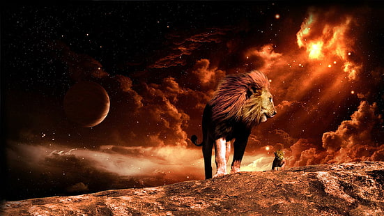 Лъв в космоса, планета, хищник, луна, облаци, 3d и абстрактно, HD тапет HD wallpaper