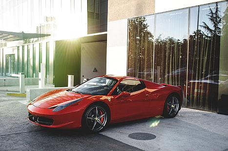 червено Ferrari 458 Italia купе, 458, spyder, ferrari, червено, страничен изглед, HD тапет HD wallpaper