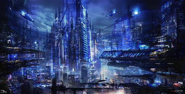 синий, арт, удивительно, фэнтези, транспорт, будущее, город, HD обои HD wallpaper